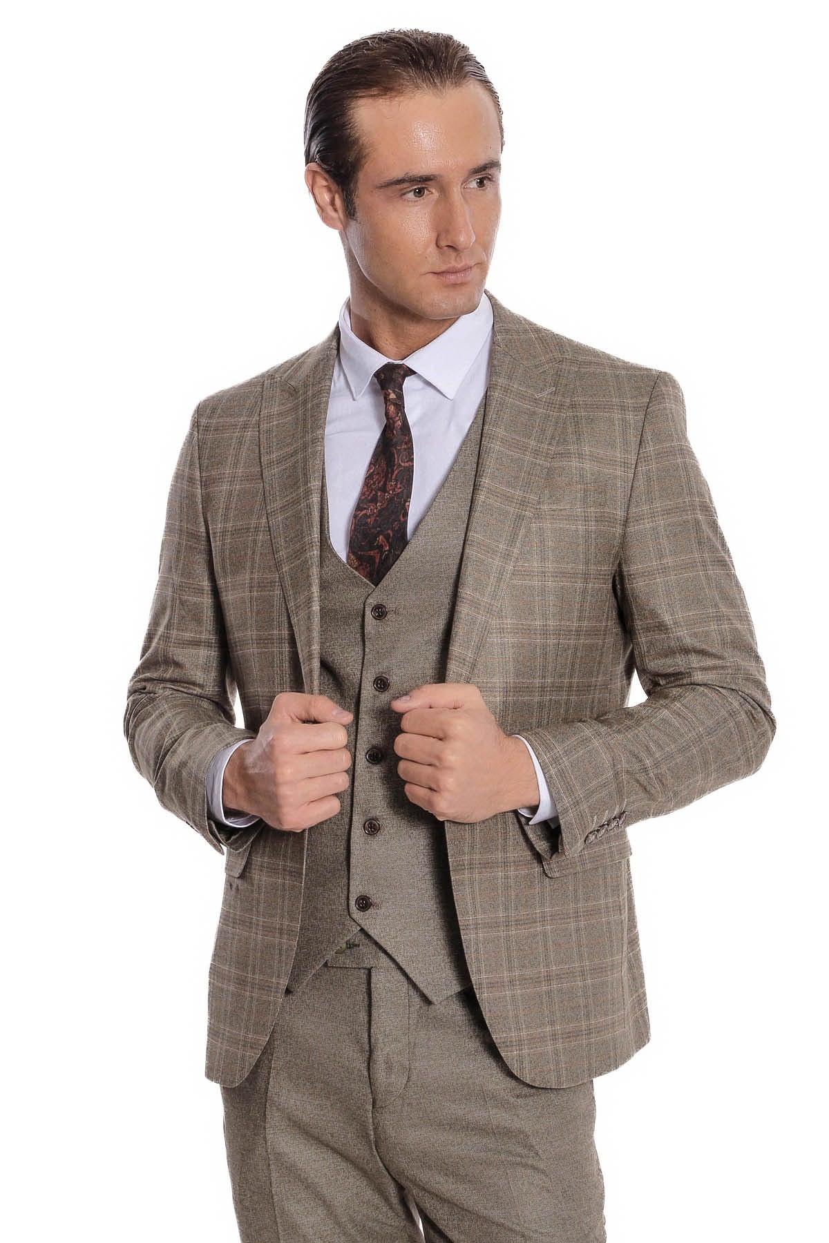 Ekose Ceketli Slim Fit Kahverengi Erkek Takım Elbise - Wessi