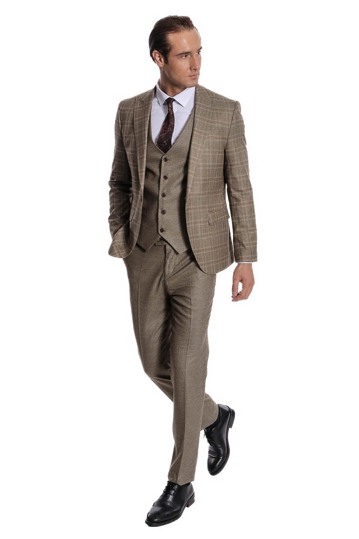 Ekose Ceketli Slim Fit Kahverengi Erkek Takım Elbise - Wessi