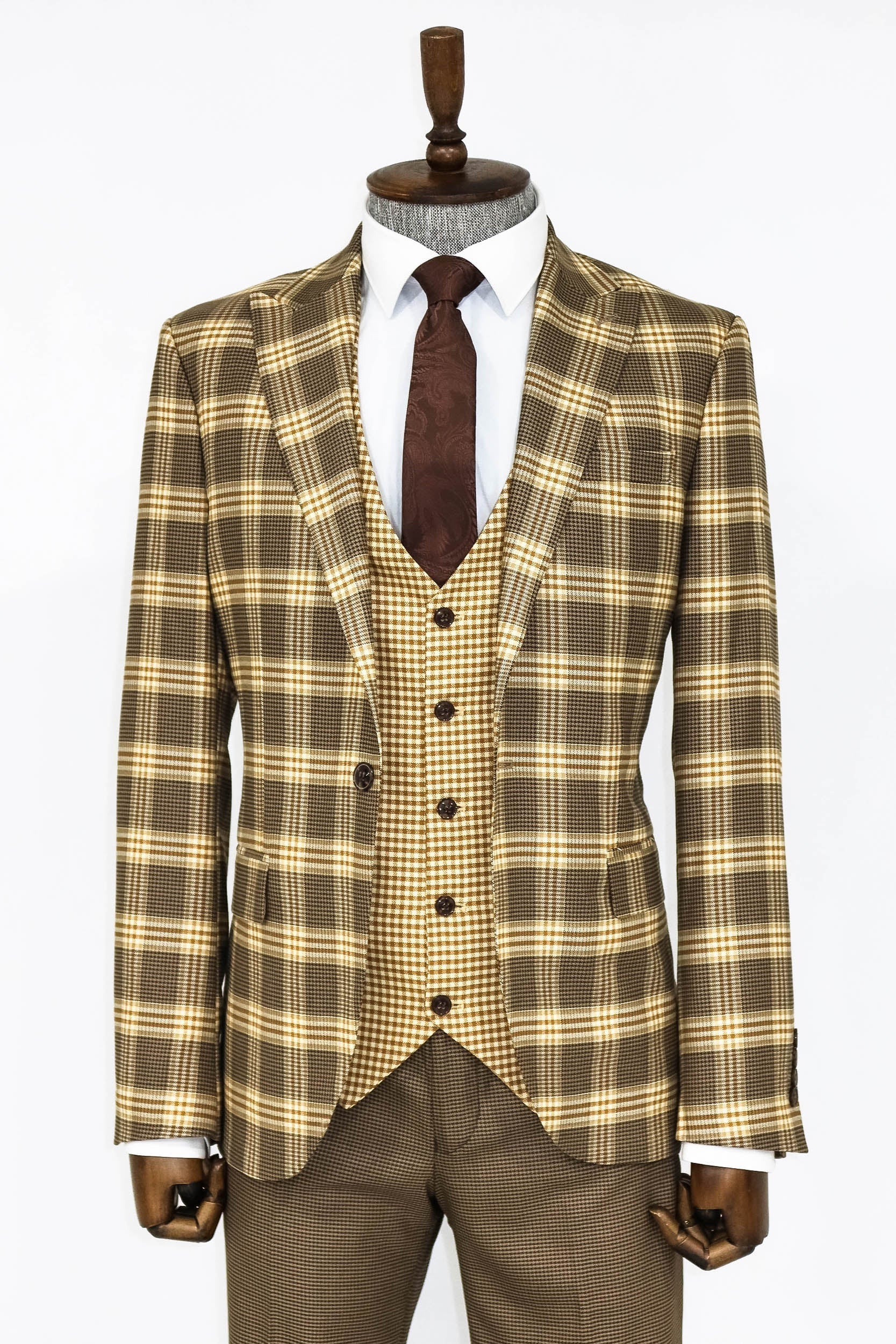 Ekose Yelekli Açık Kahverengi Erkek Takım Elbise - Wessi