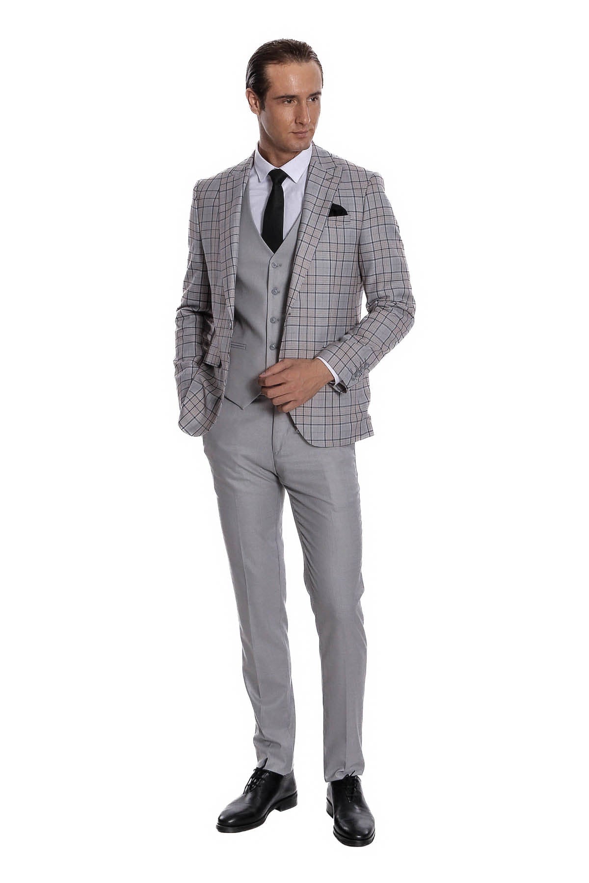 Ekose Ceketli Slim Fit Açık Gri Erkek Takım Elbise - Wessi