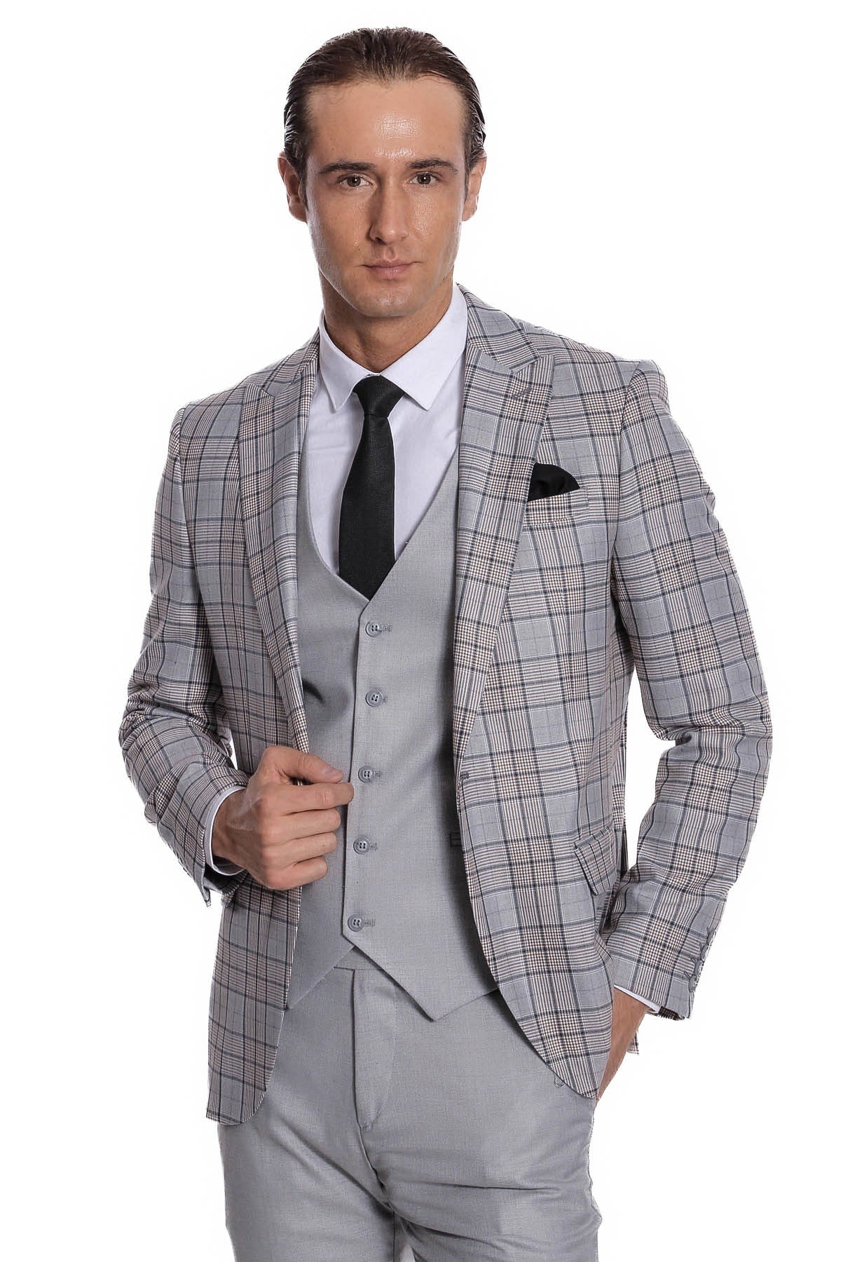 Ekose Ceketli Slim Fit Açık Gri Erkek Takım Elbise - Wessi
