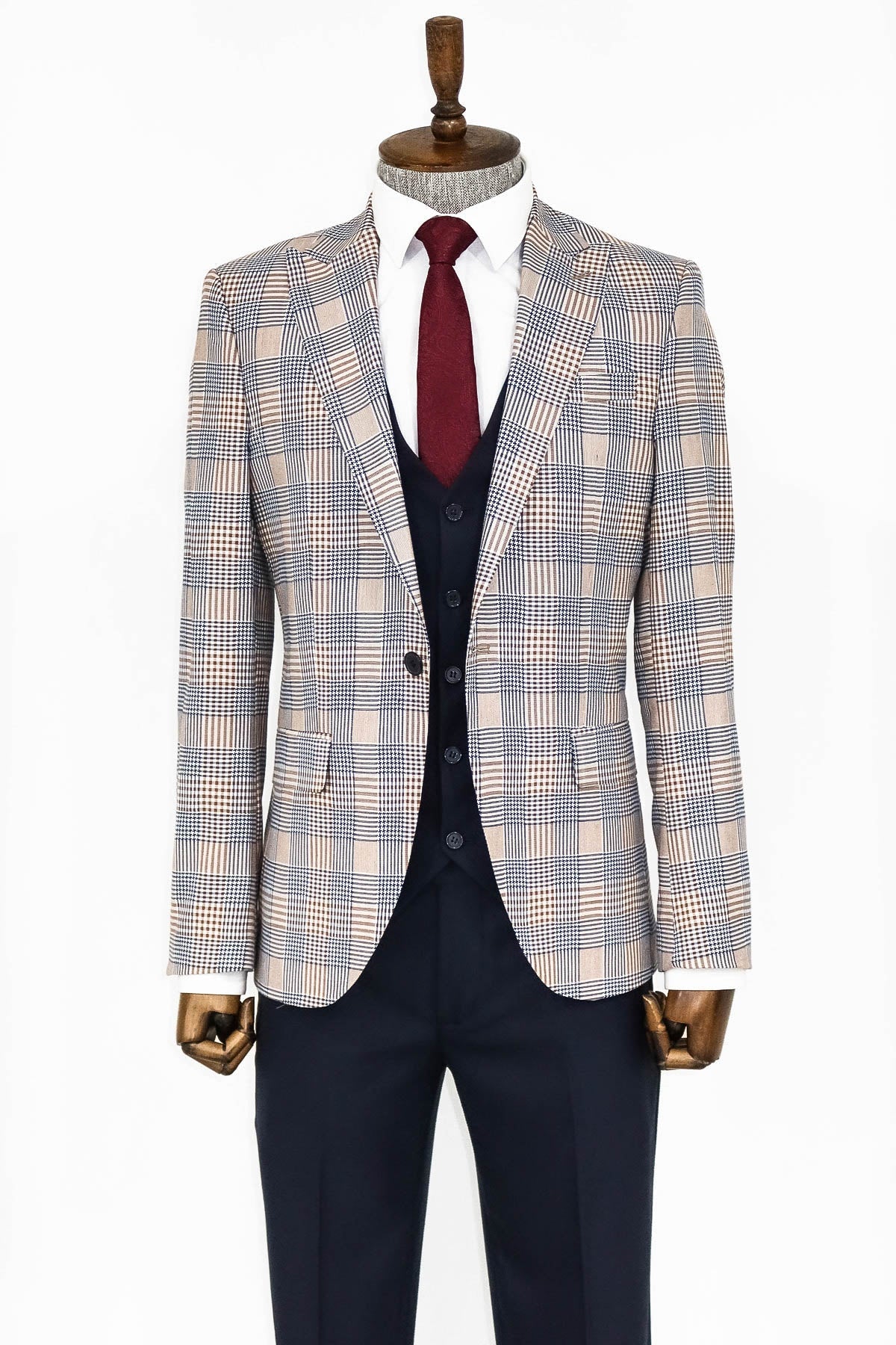 Kahverengi Ekose Ceketli Slim Fit Lacivert Erkek Takım Elbise - Wessi