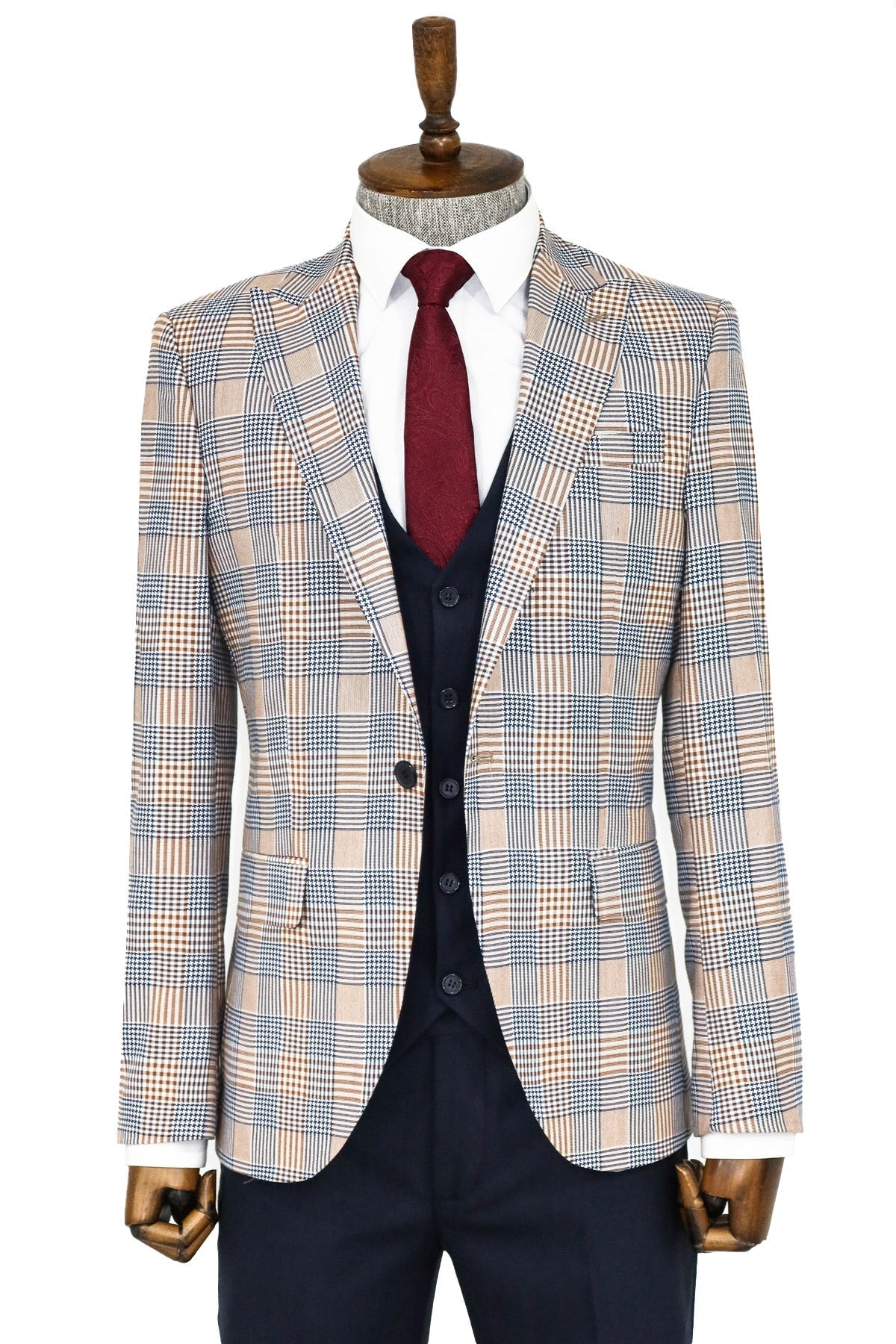 Kahverengi Ekose Ceketli Slim Fit Lacivert Erkek Takım Elbise - Wessi