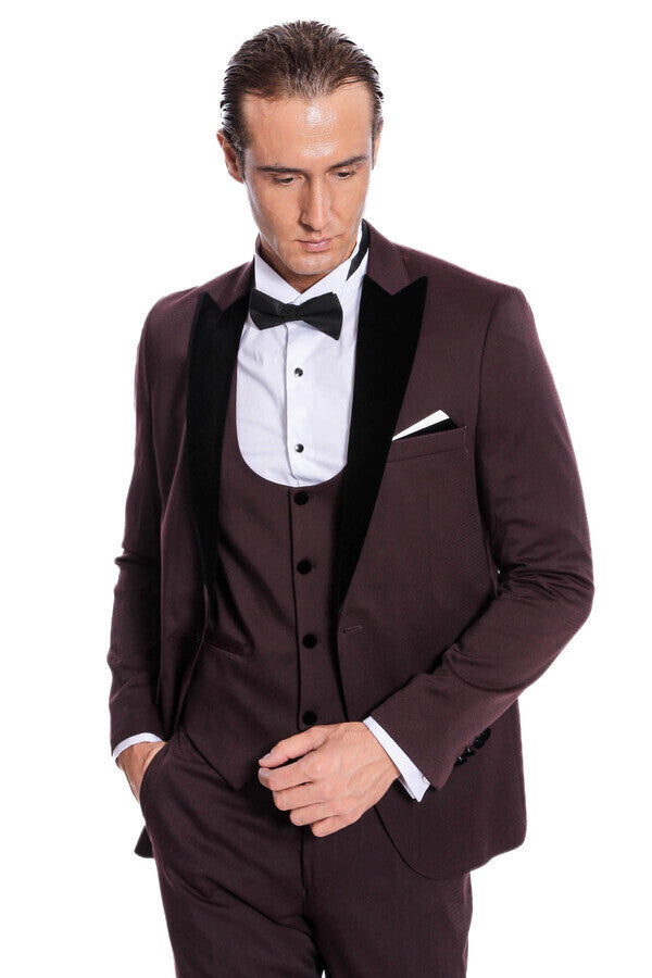 Kadife Yaka Slim Fit Bordo Erkek Damatlık - Wessi