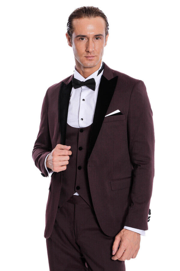 Kadife Yaka Slim Fit Bordo Erkek Damatlık - Wessi