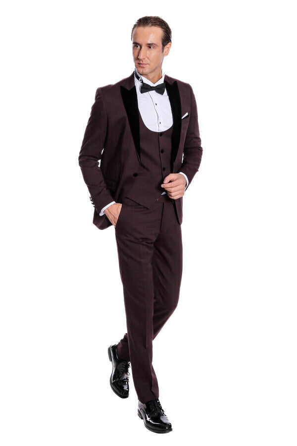 Kadife Yaka Slim Fit Bordo Erkek Damatlık - Wessi