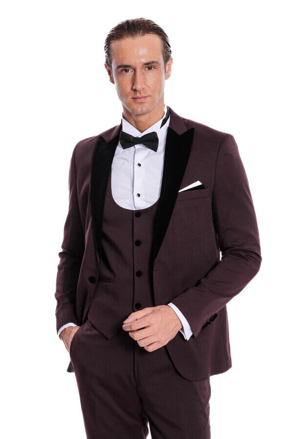 Kadife Yaka Slim Fit Bordo Erkek Damatlık - Wessi