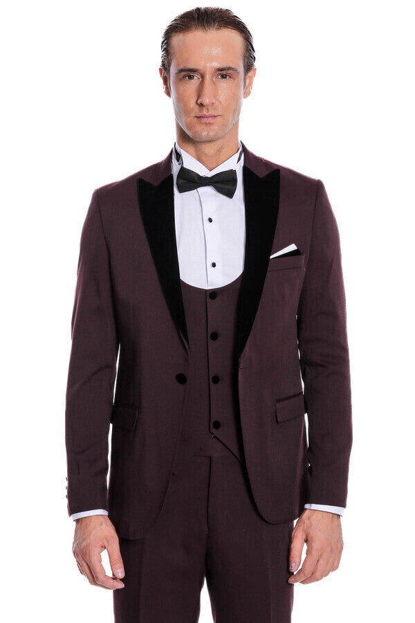 Kadife Yaka Slim Fit Bordo Erkek Damatlık - Wessi