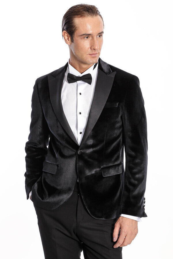 Kadife Slim Fit Siyah Erkek Smokin Ceket - Wessi