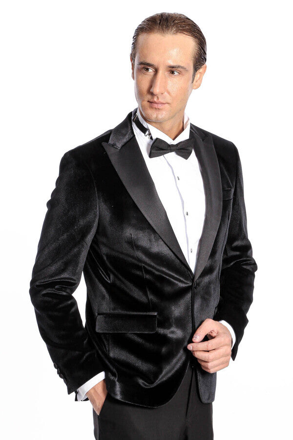 Kadife Slim Fit Siyah Erkek Smokin Ceket - Wessi
