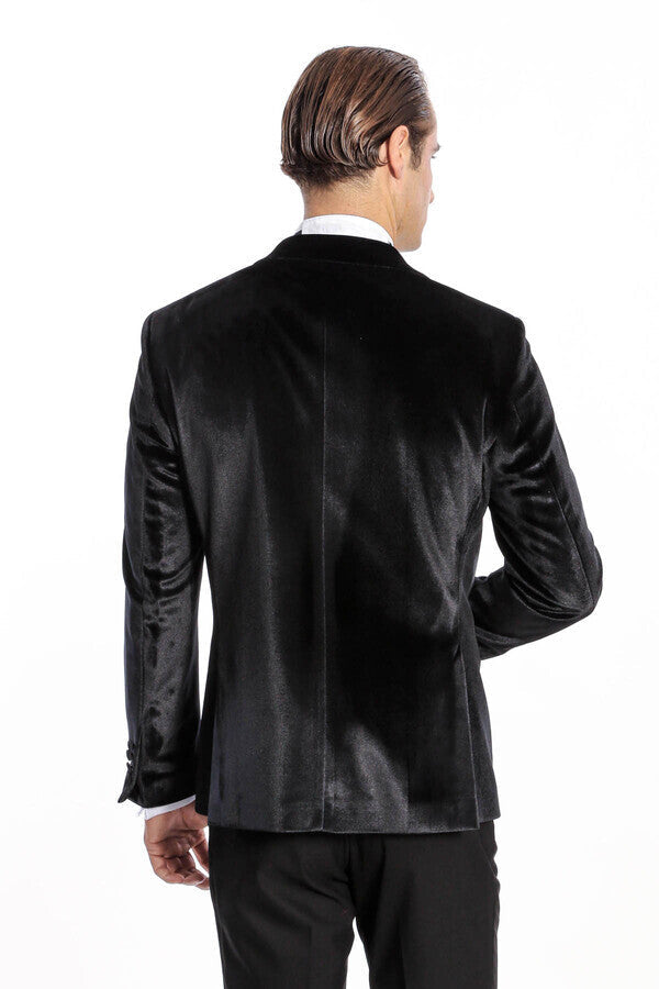 Kadife Slim Fit Siyah Erkek Smokin Ceket - Wessi