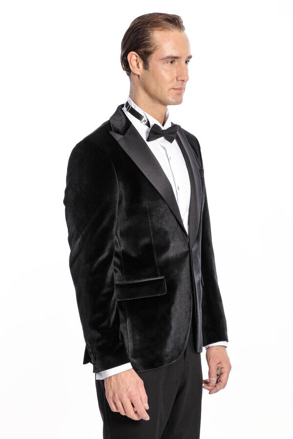 Kadife Slim Fit Siyah Erkek Smokin Ceket - Wessi
