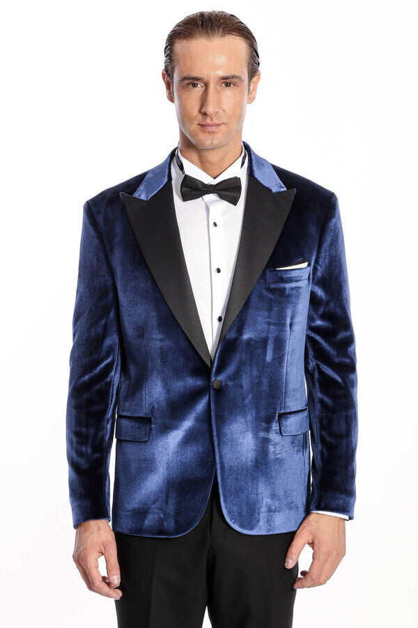 Kadife Slim Fit Mavi Erkek Smokin Ceket - Wessi