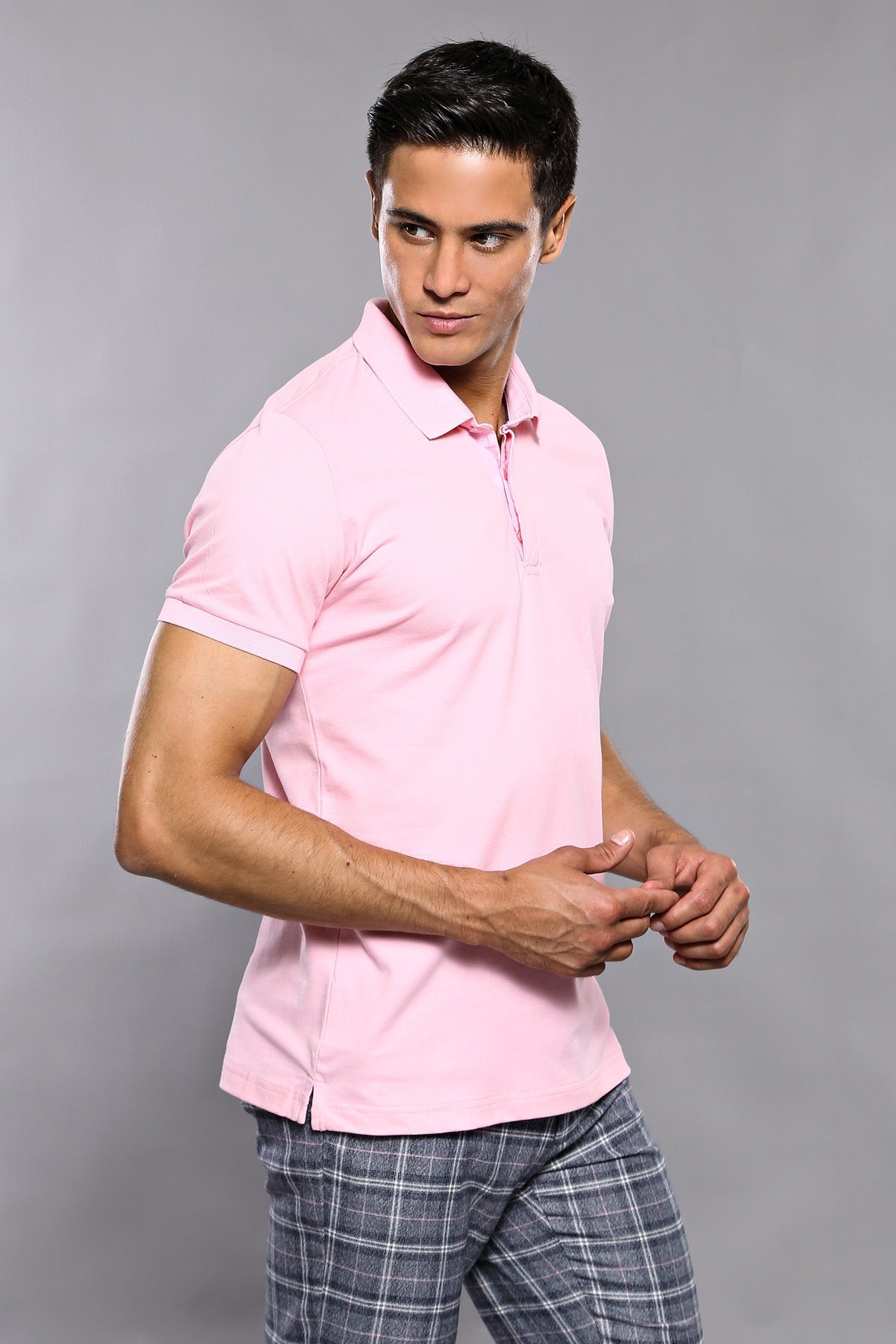 Polo Yaka Düz Pembe T-shirt - Wessi