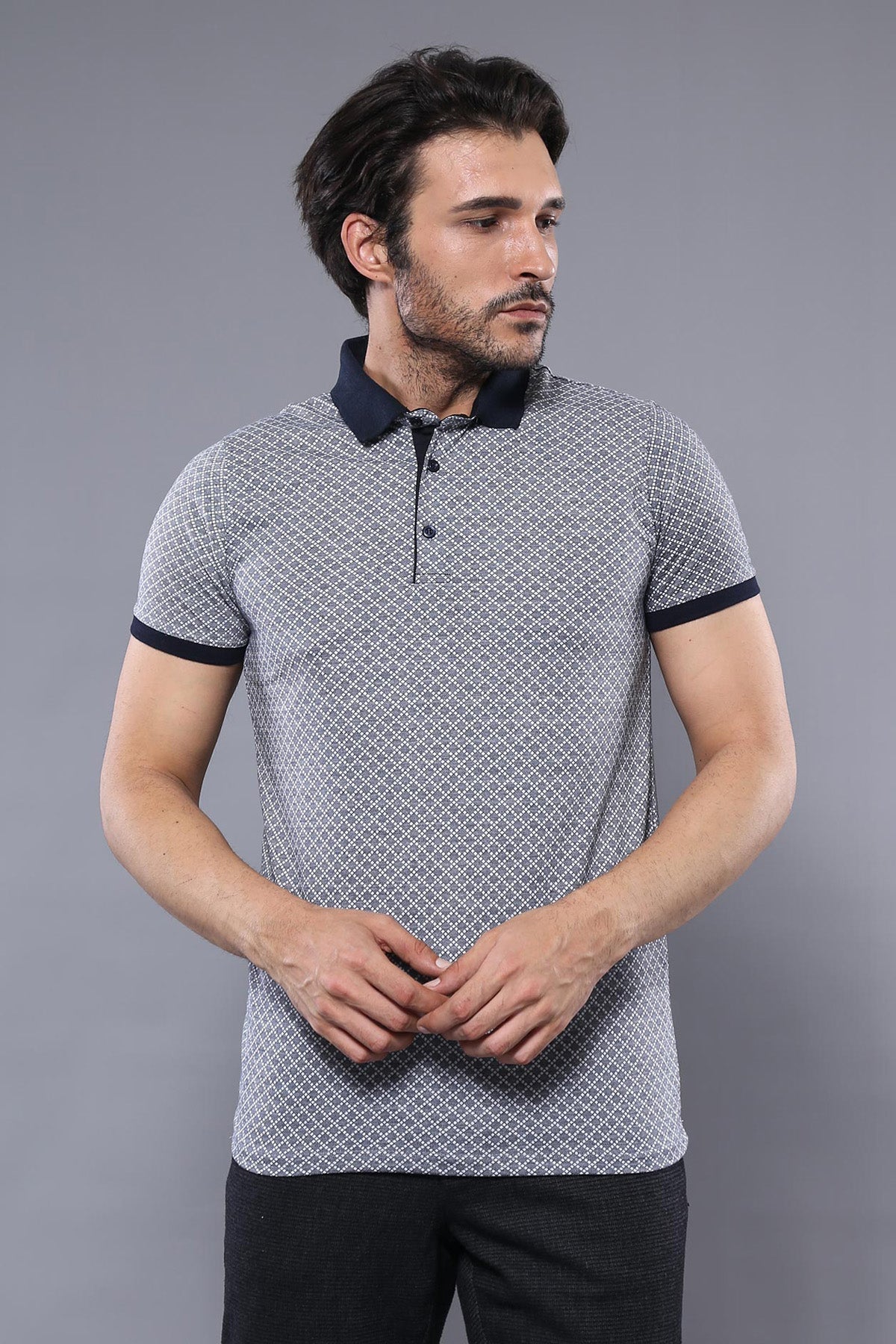 Desenli Gri Polo Yaka T-shirt | Wessi