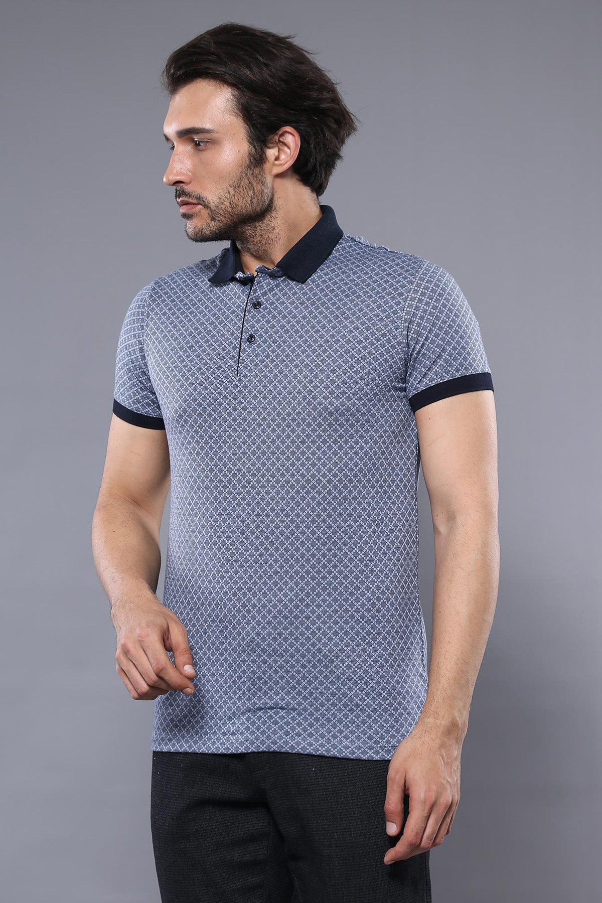 Desenli Polo Yaka Mavi T-shirt | Wessi