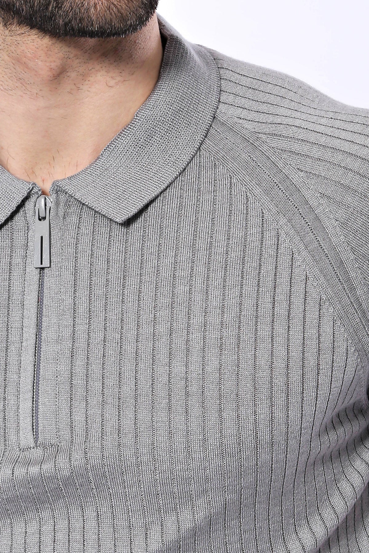 Polo Yaka Fermuarlı Örme Gri T-shirt | Wessi