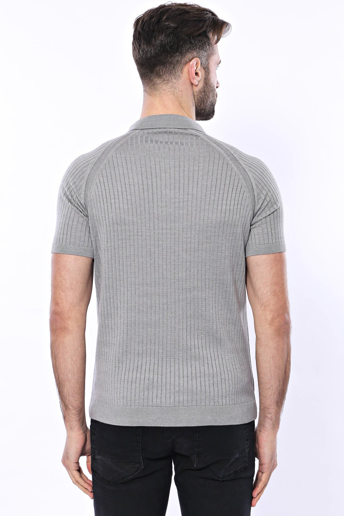Polo Yaka Fermuarlı Örme Gri T-shirt | Wessi