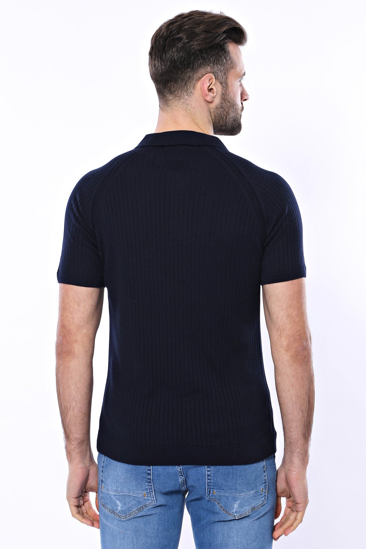 Kendinden Desenli Örme Bisiklet Yaka Lacivert Erkek T-shirt - Wessi