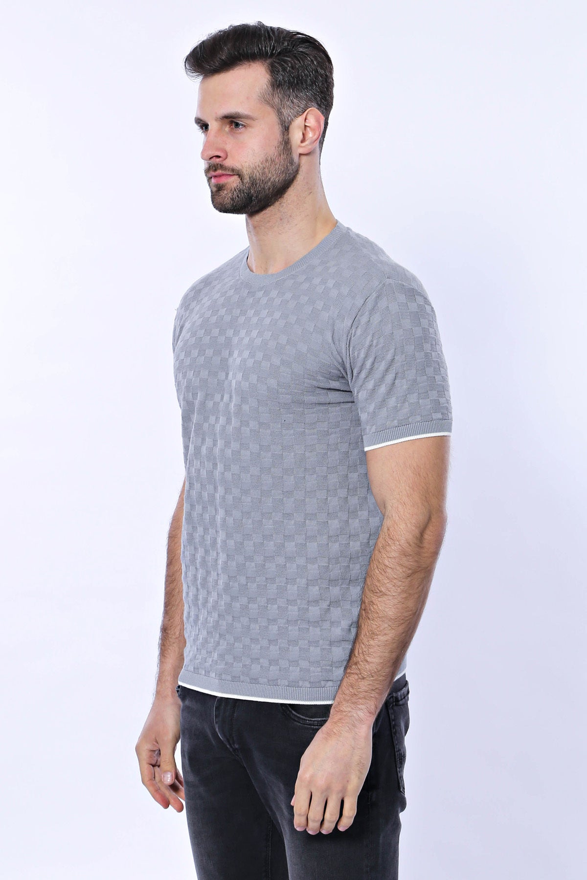 Kendinden Desenli Örme Gri Bisiklet Yaka T-shirt | Wessi
