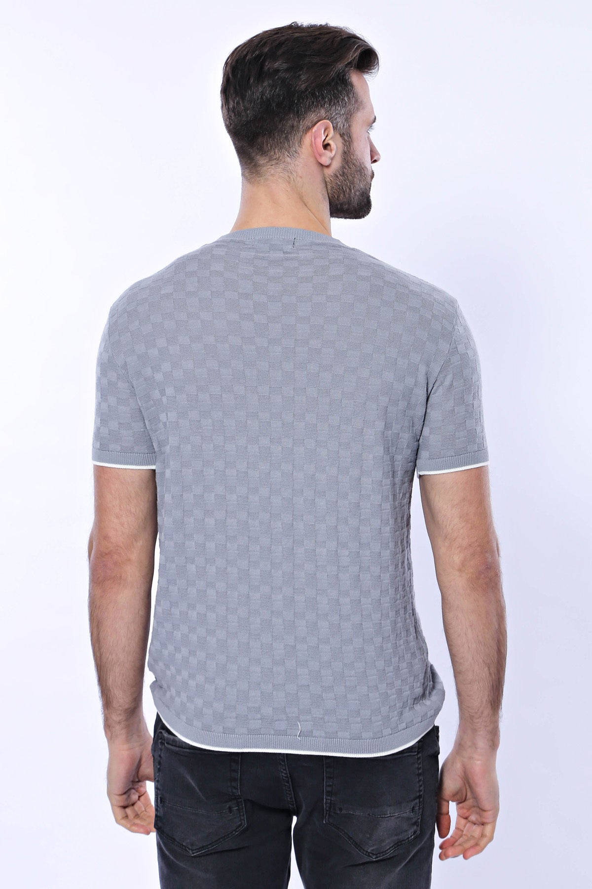 Kendinden Desenli Örme Gri Bisiklet Yaka T-shirt | Wessi
