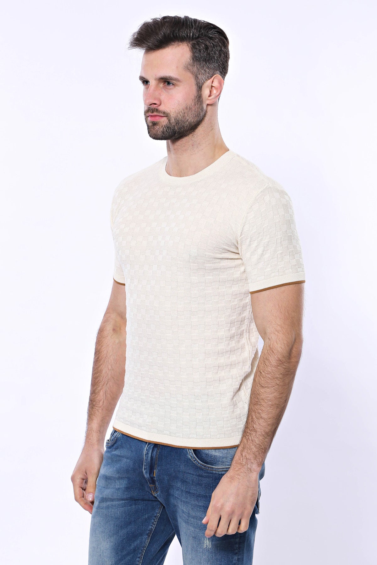Kendinden Desenli Örme Krem Bisiklet Yaka T-shirt - Wessi