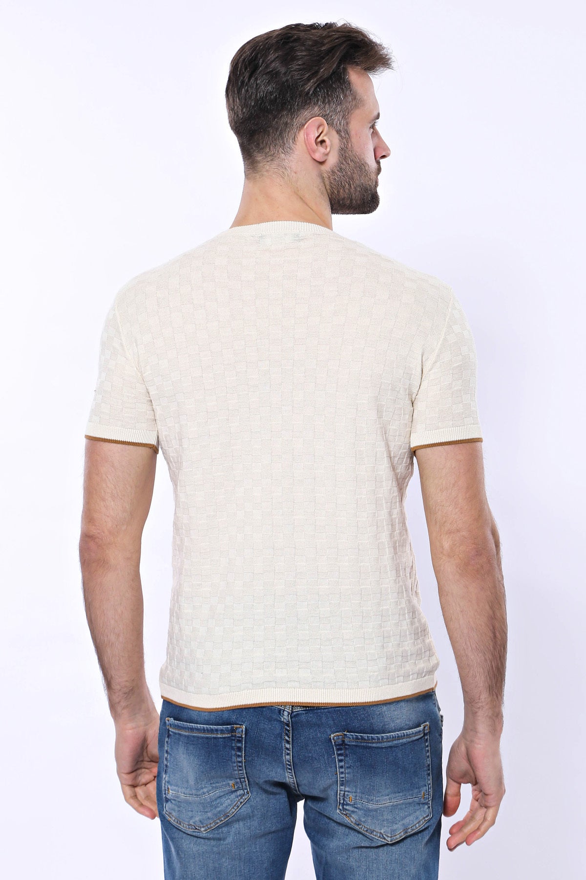 Kendinden Desenli Örme Krem Bisiklet Yaka T-shirt - Wessi