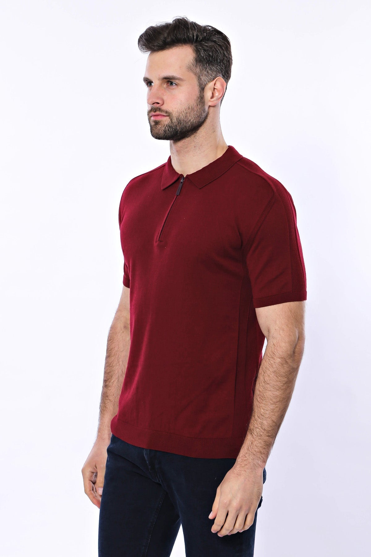Polo Yaka Düz Bordo Örme T-shirt - Wessi