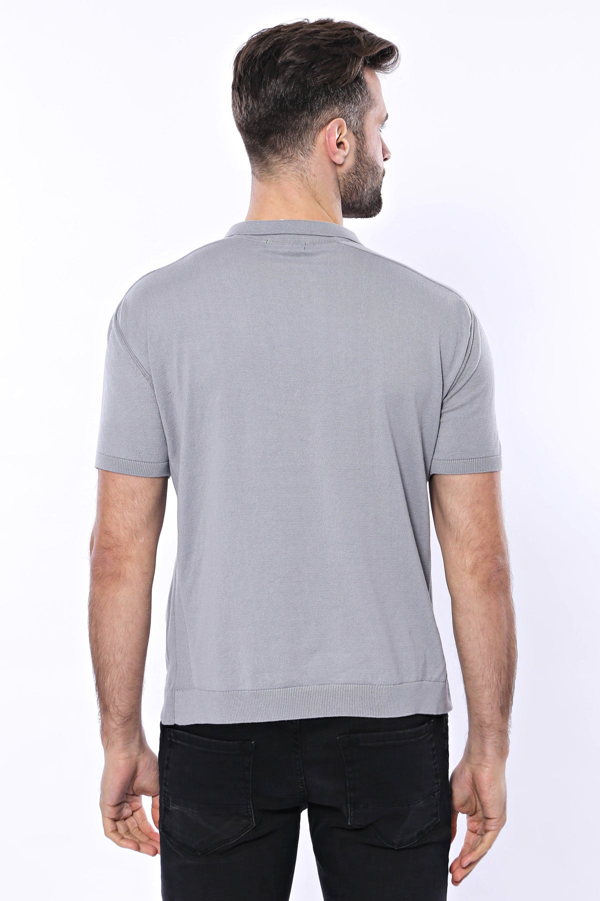 Bisiklet Yaka Kenarları Desenli Gri Örme T-shirt | Wessi
