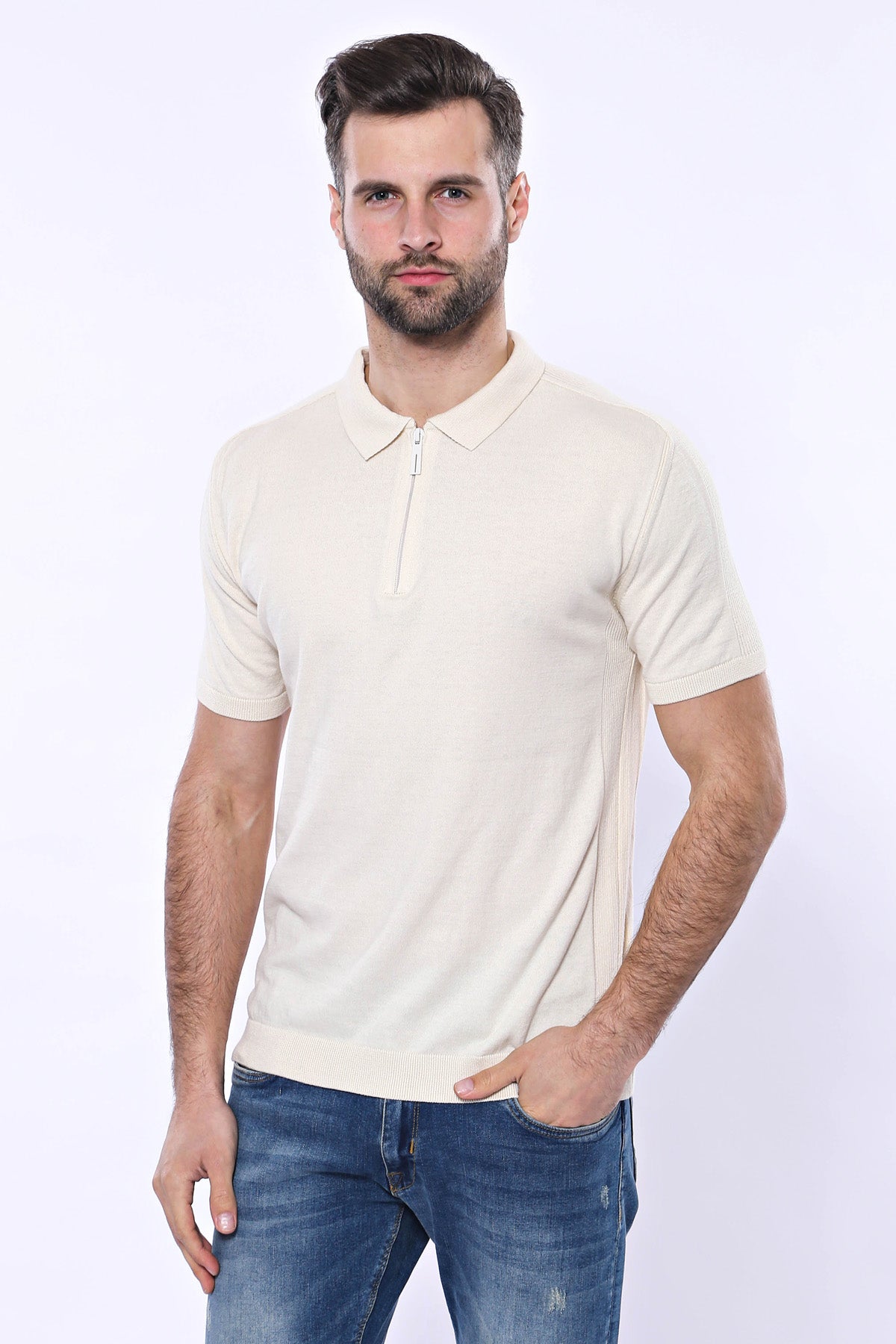 Polo Yaka Krem Düz Örme T-shirt | Wessi