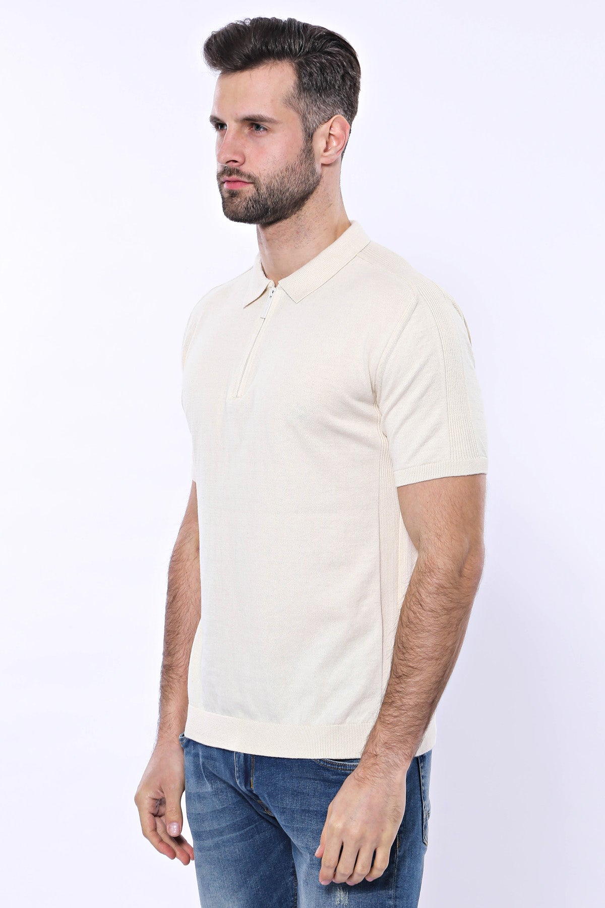 Polo Yaka Krem Düz Örme T-shirt | Wessi