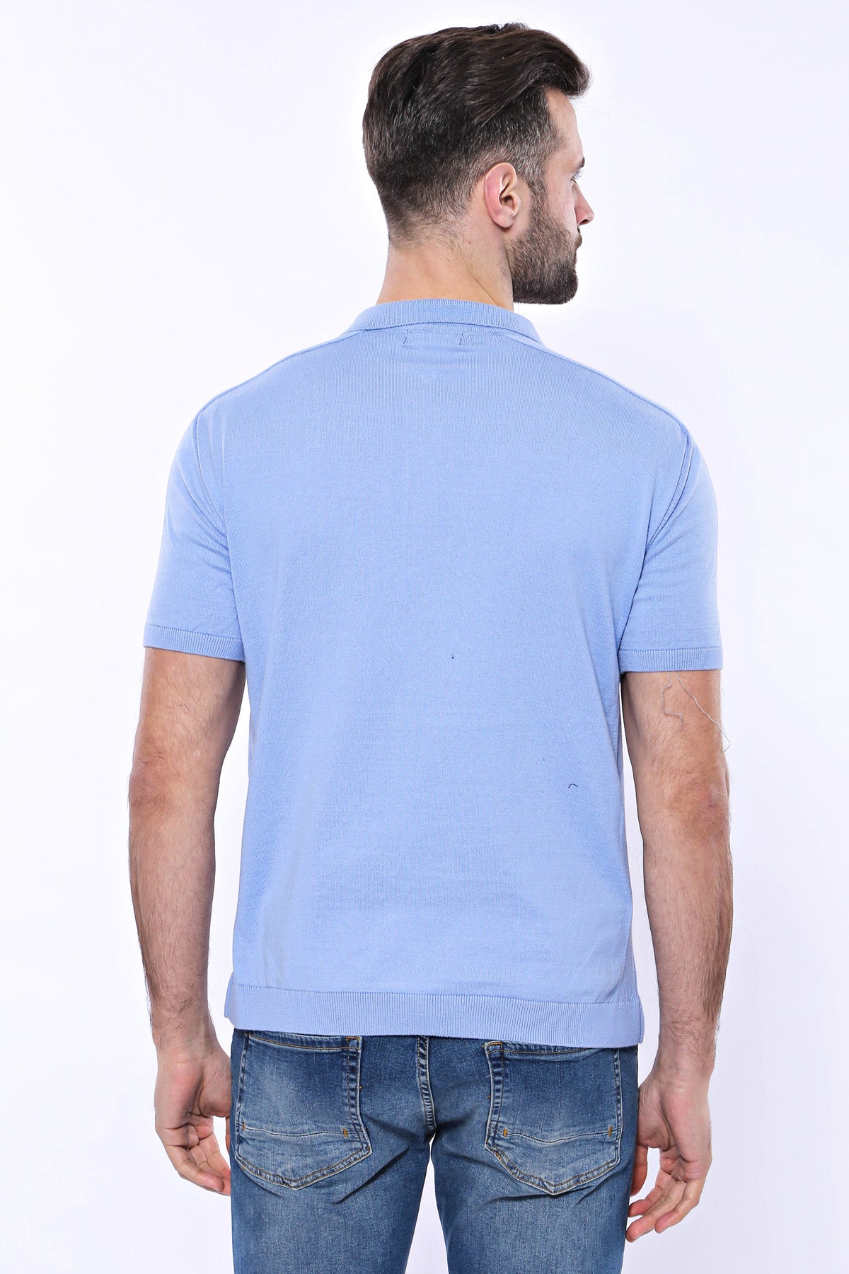 Polo Yaka Mavi Düz Örme T-shirt | Wessi