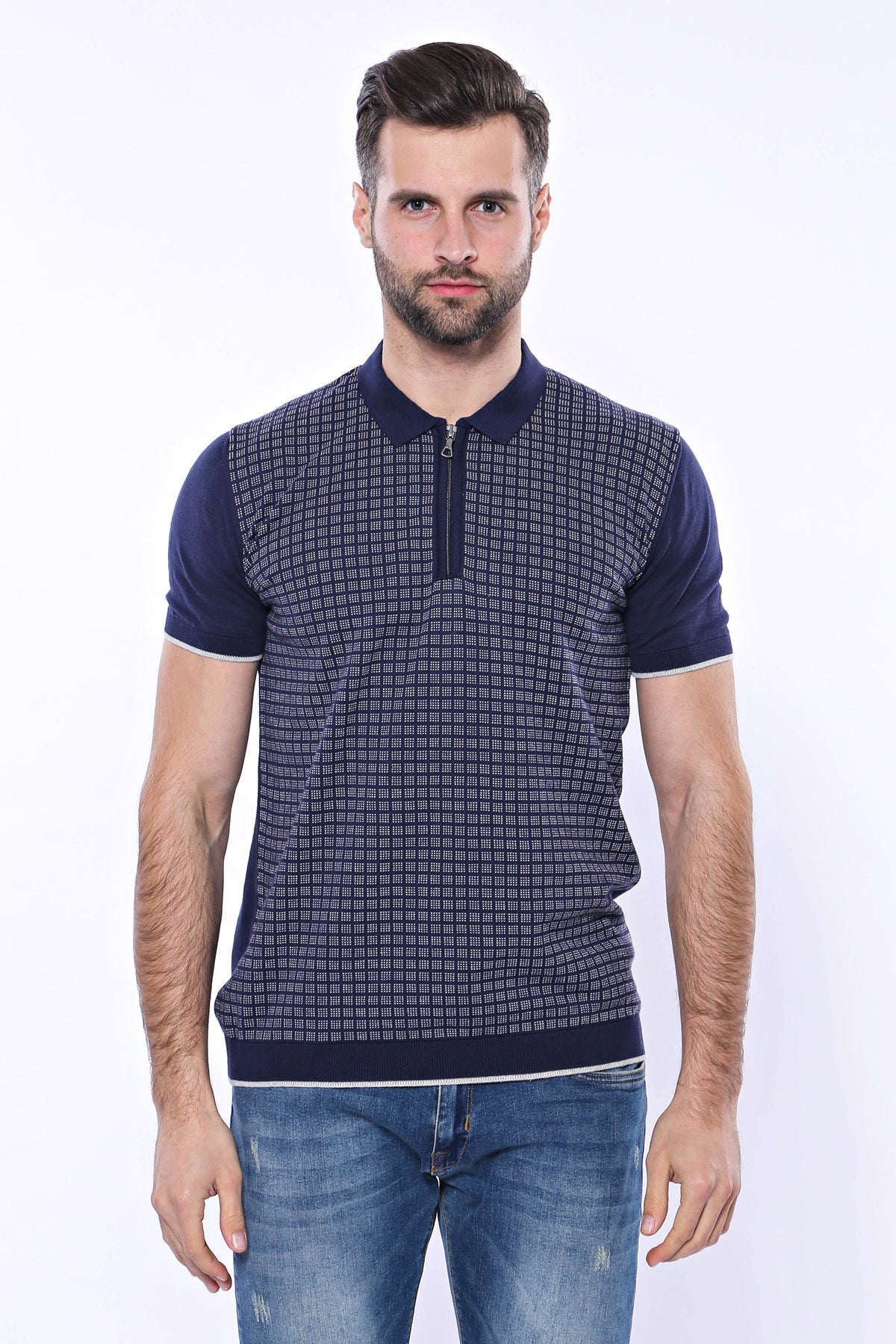 Polo Yaka Lacivert Desenli Fermuarlı Örme T-shirt | Wessi