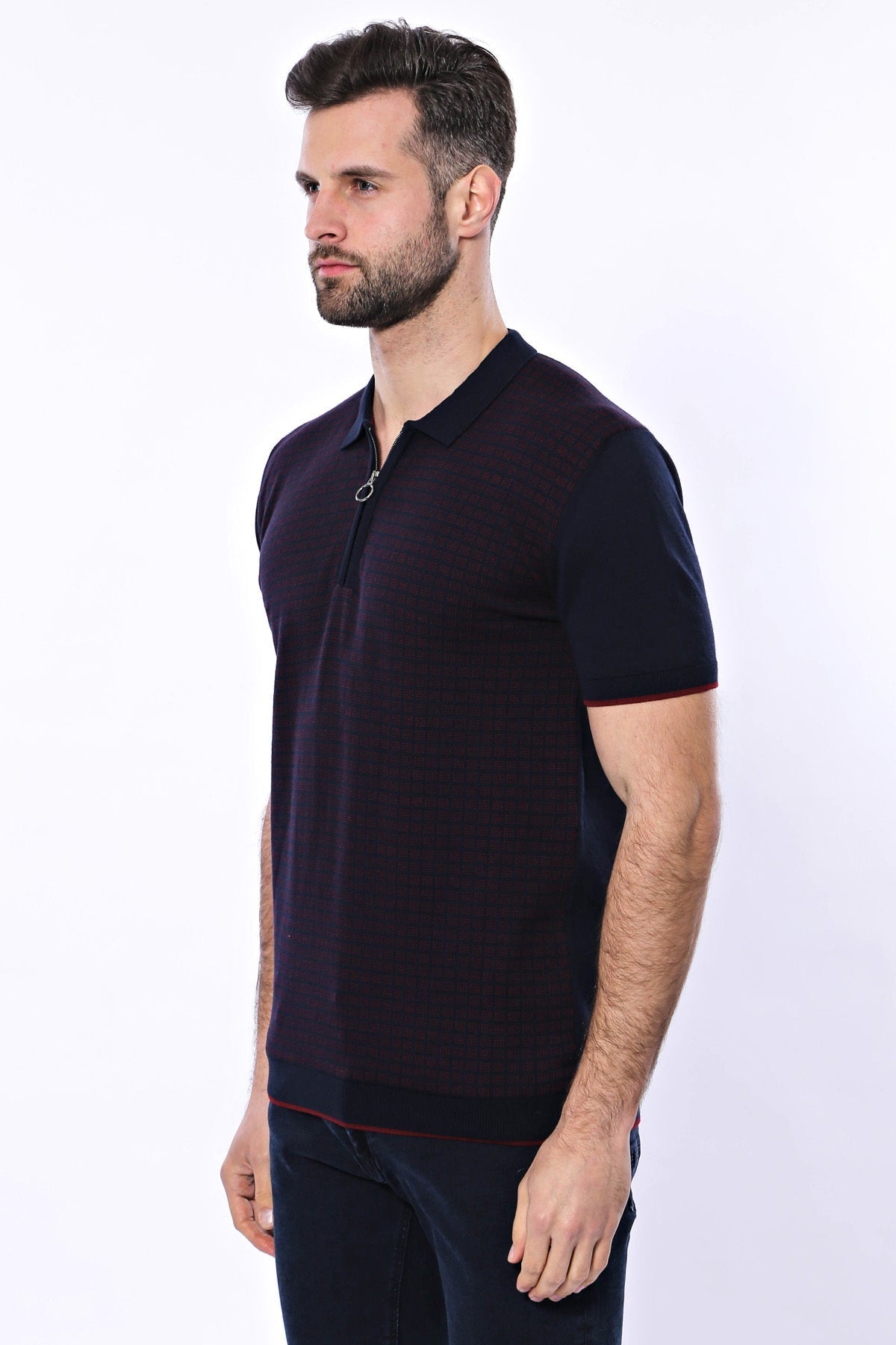 Polo Yaka Koyu Lacivert Desenli Fermuarlı Örme T-shirt - Wessi