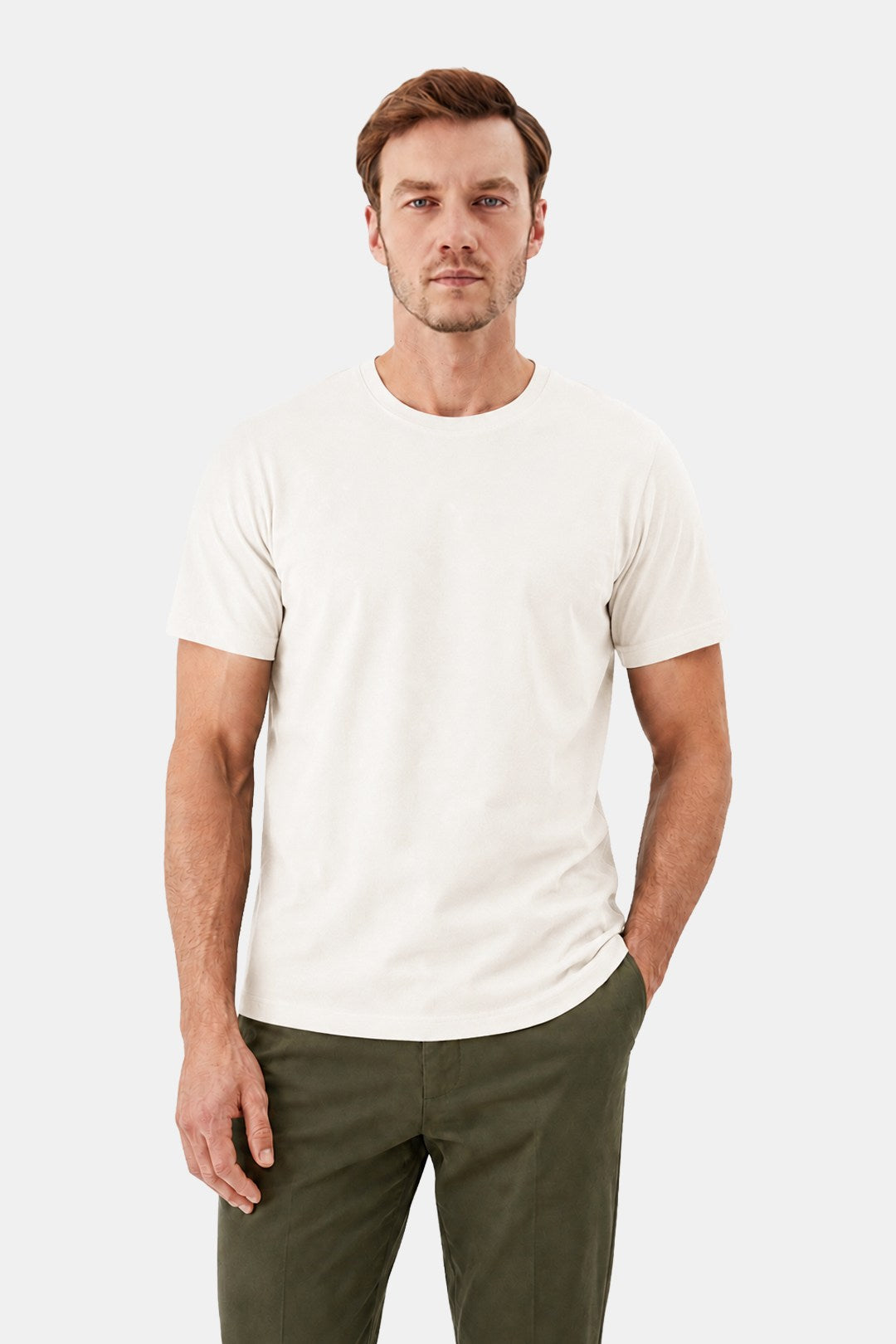 Açık Ekru %100 Pamuk Bisiklet Yaka Düz Renk Basic T-Shirt