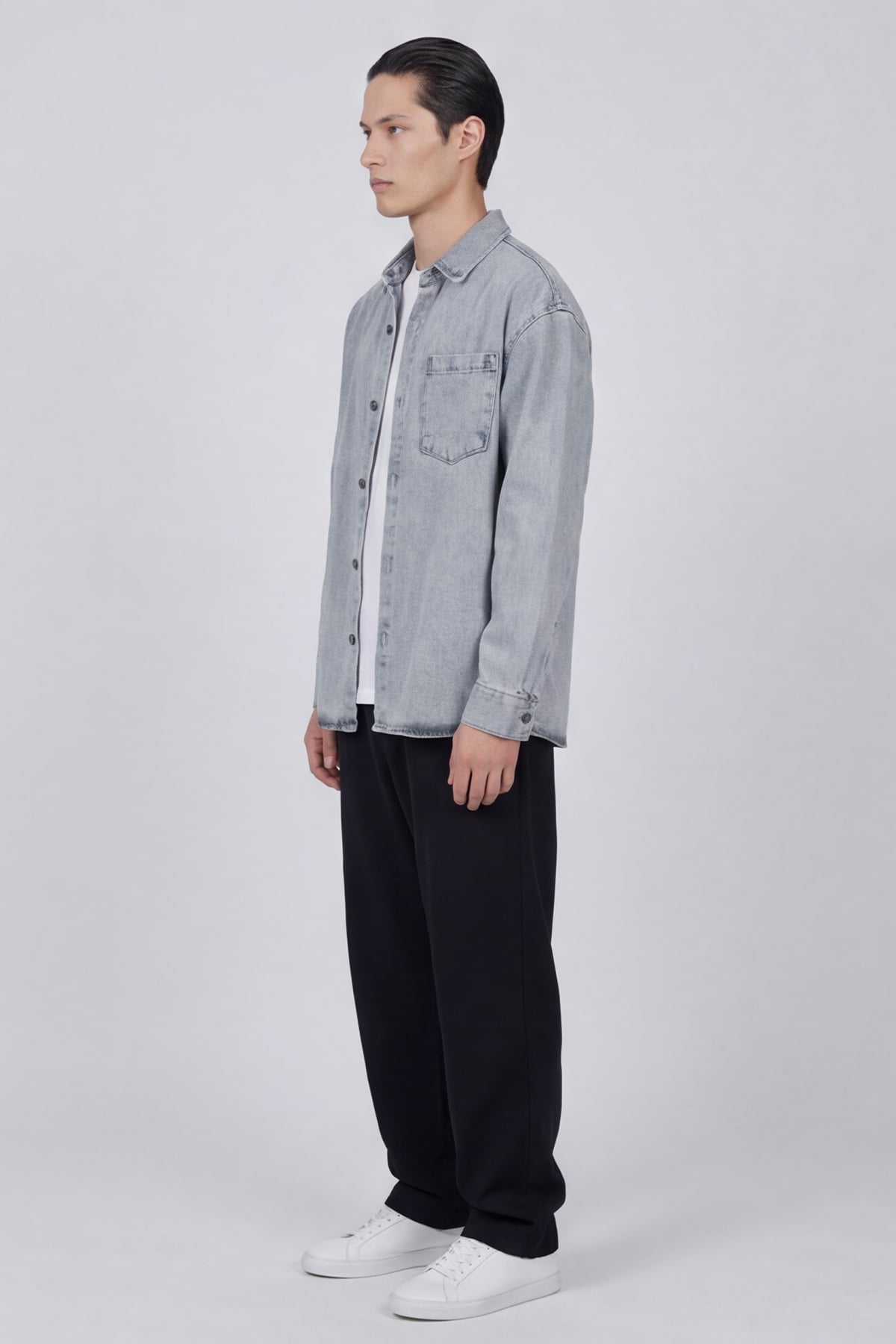 Erkek Açık Gri Normal Kesim Regular Fit Pamuk Torba Cep Uzun Kollu Denim Ceket Gömlek