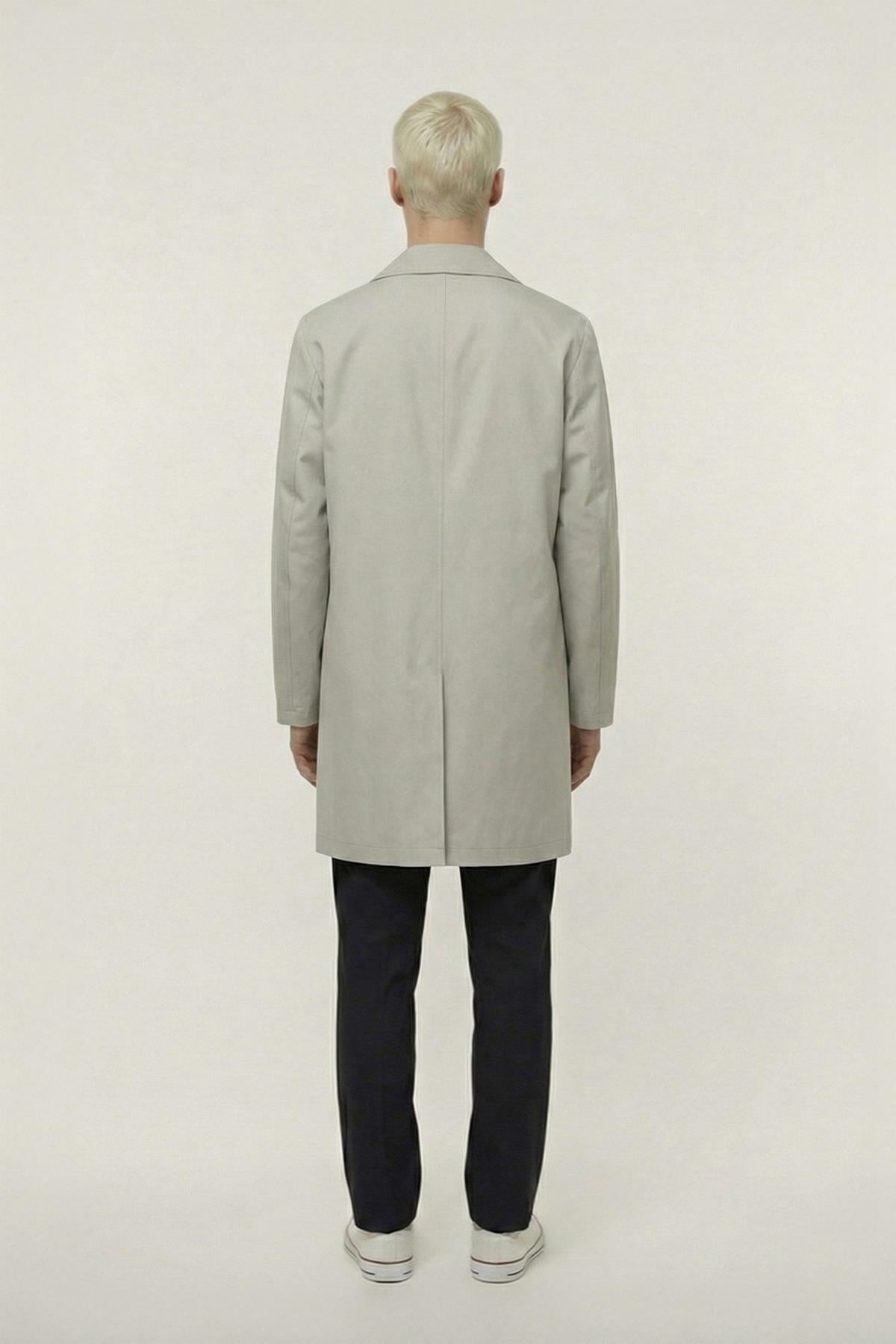 Erkek Bej Geniş Kesim Oversize Fit Pamuklu Dokuma Yan Cepli Orta Boy Ceket Yaka Trençkot