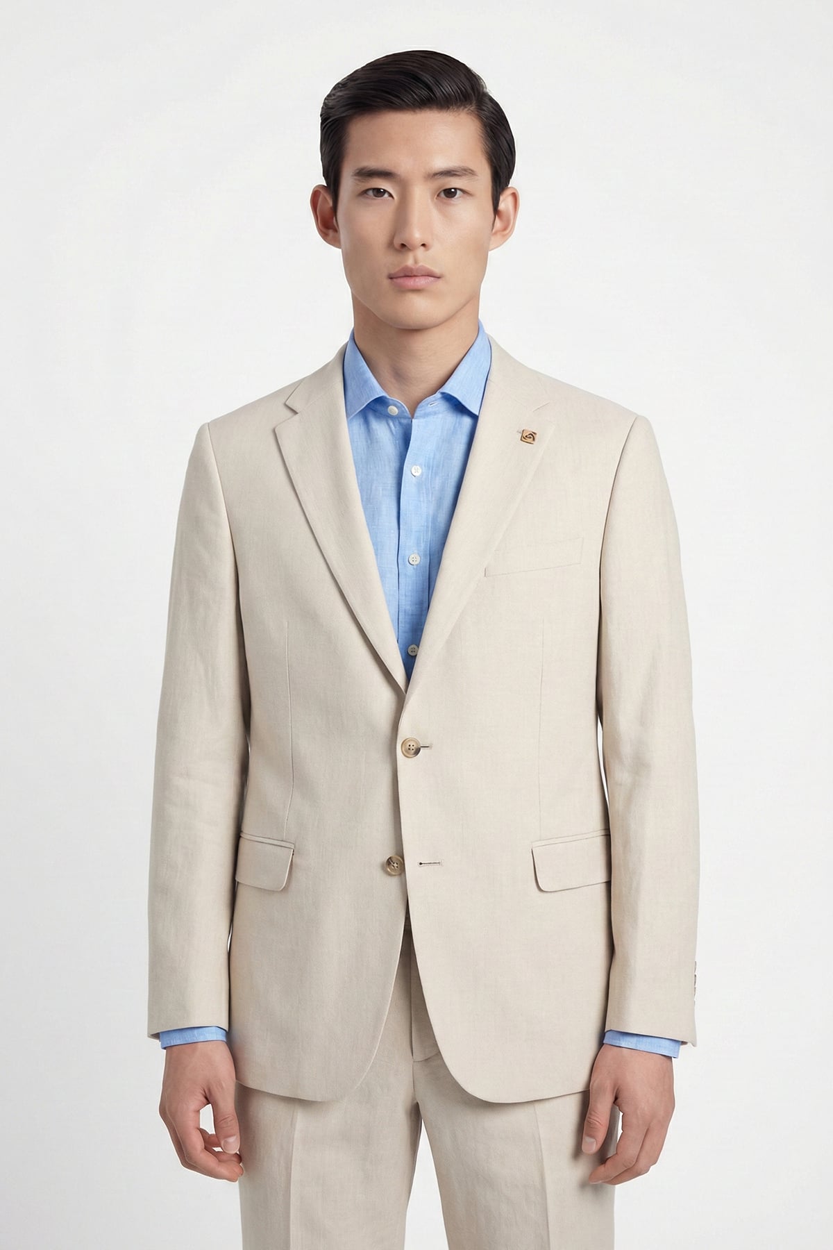 Erkek Açık Bej Dar Kesim Slim Fit Yünlü Tam Astarlı Mono Yaka 6 Drop Yelekli Takım Elbise