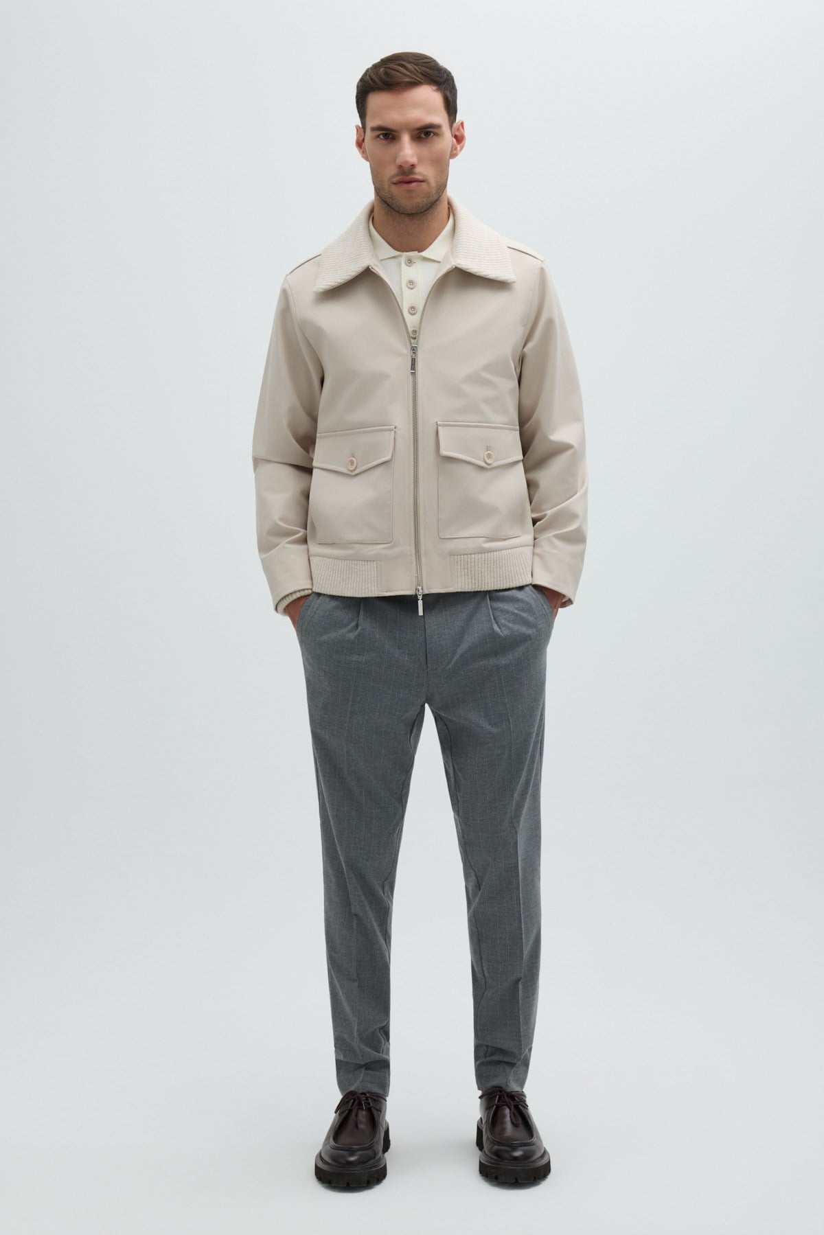 Bej Triko Yaka Bomber Mont