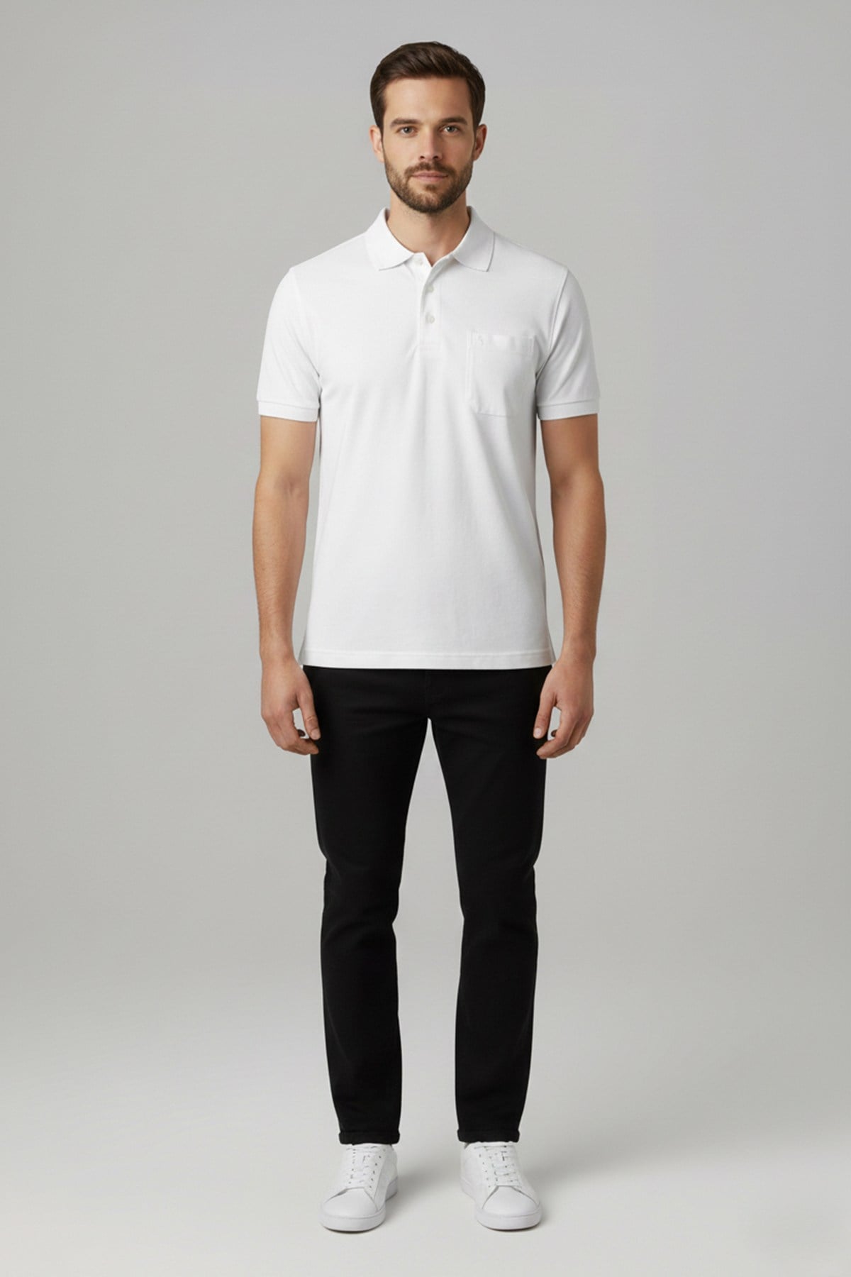 Beyaz %100 Pamuk Cepli Polo Yaka T-Shirt