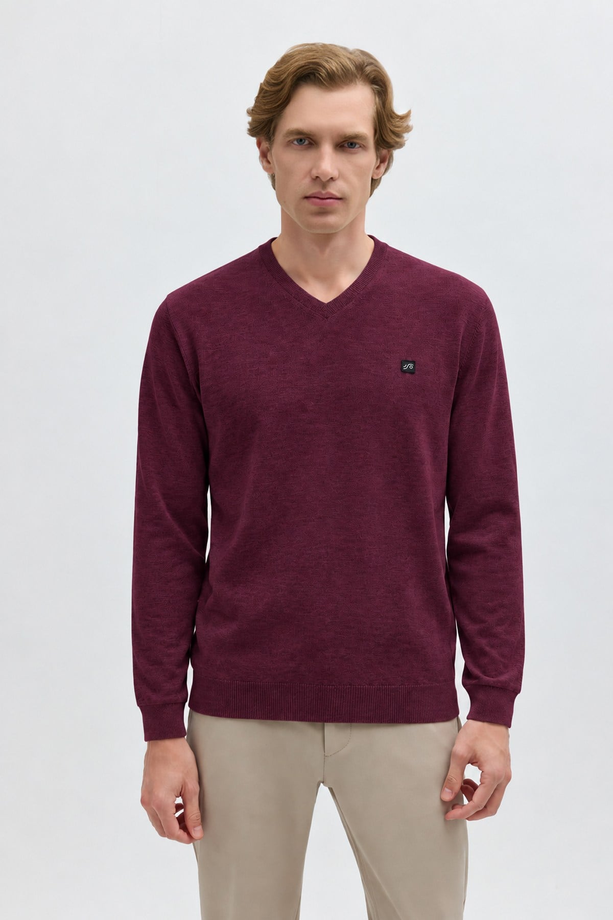 Bordo Regular Fit Pamuklu V Yaka Triko Kazak