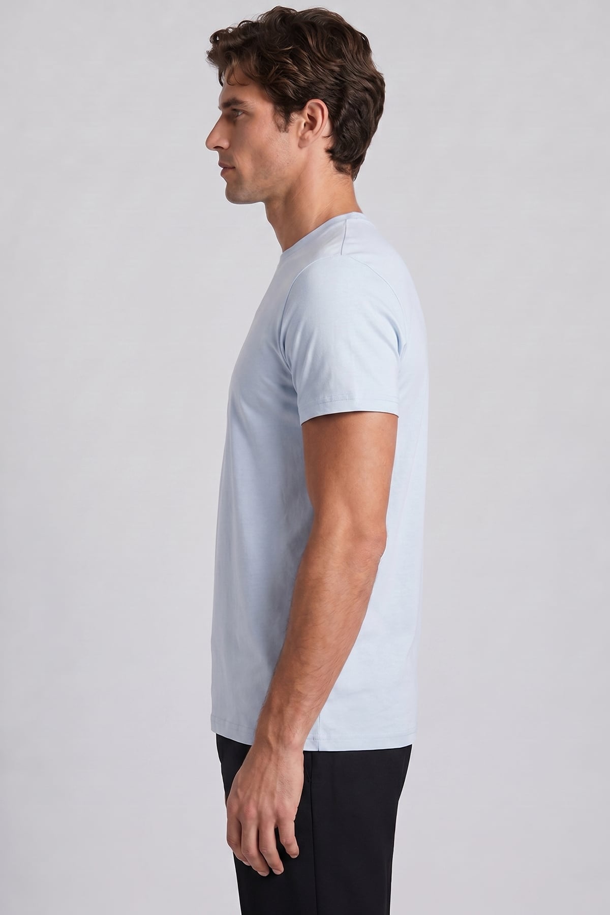 Buz Mavi %100 Pamuk Bisiklet Yaka Düz Renk Basic T-Shirt