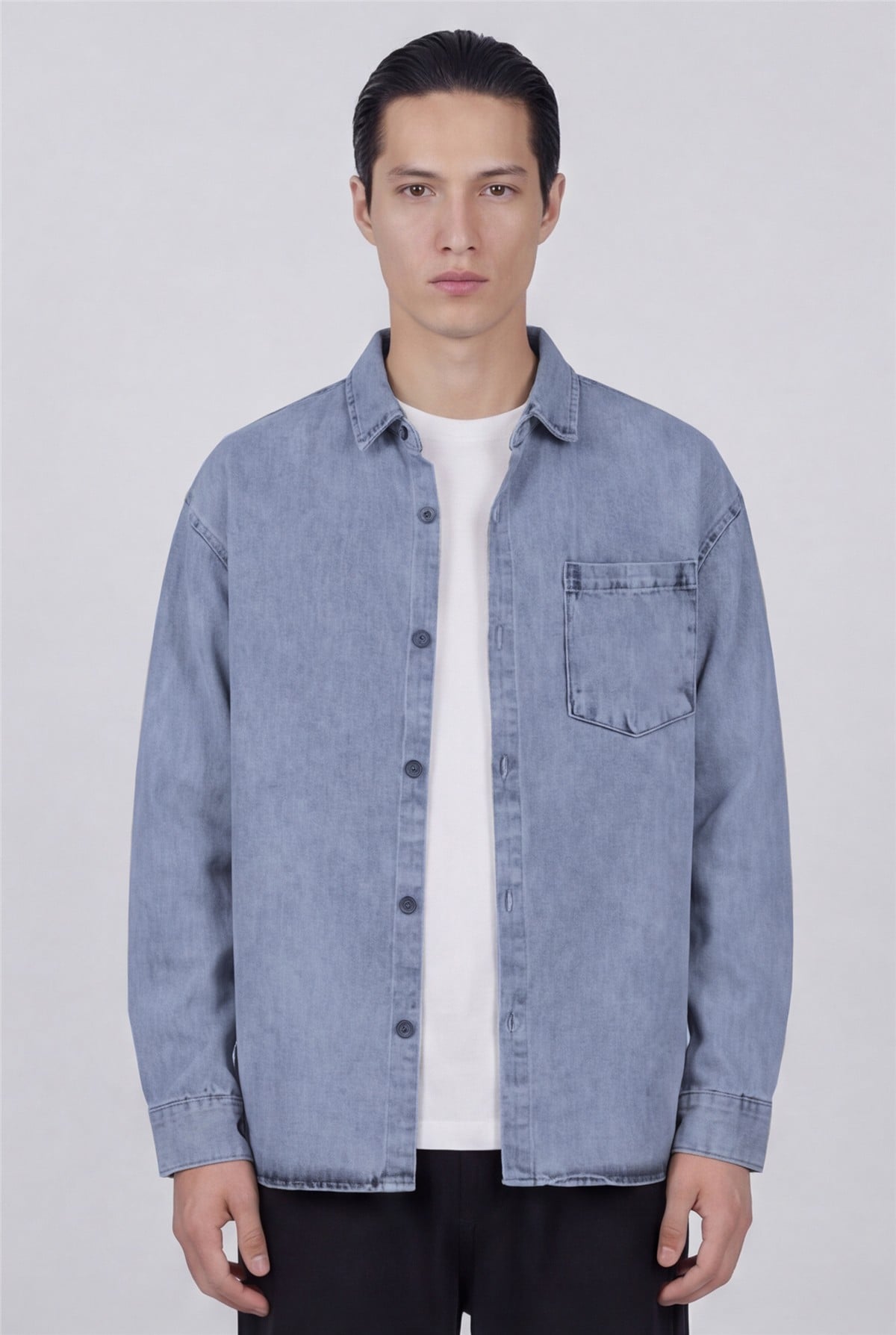 Erkek Buz Mavisi Normal Kesim Regular Fit Pamuk Torba Cep Uzun Kollu Denim Ceket Gömlek