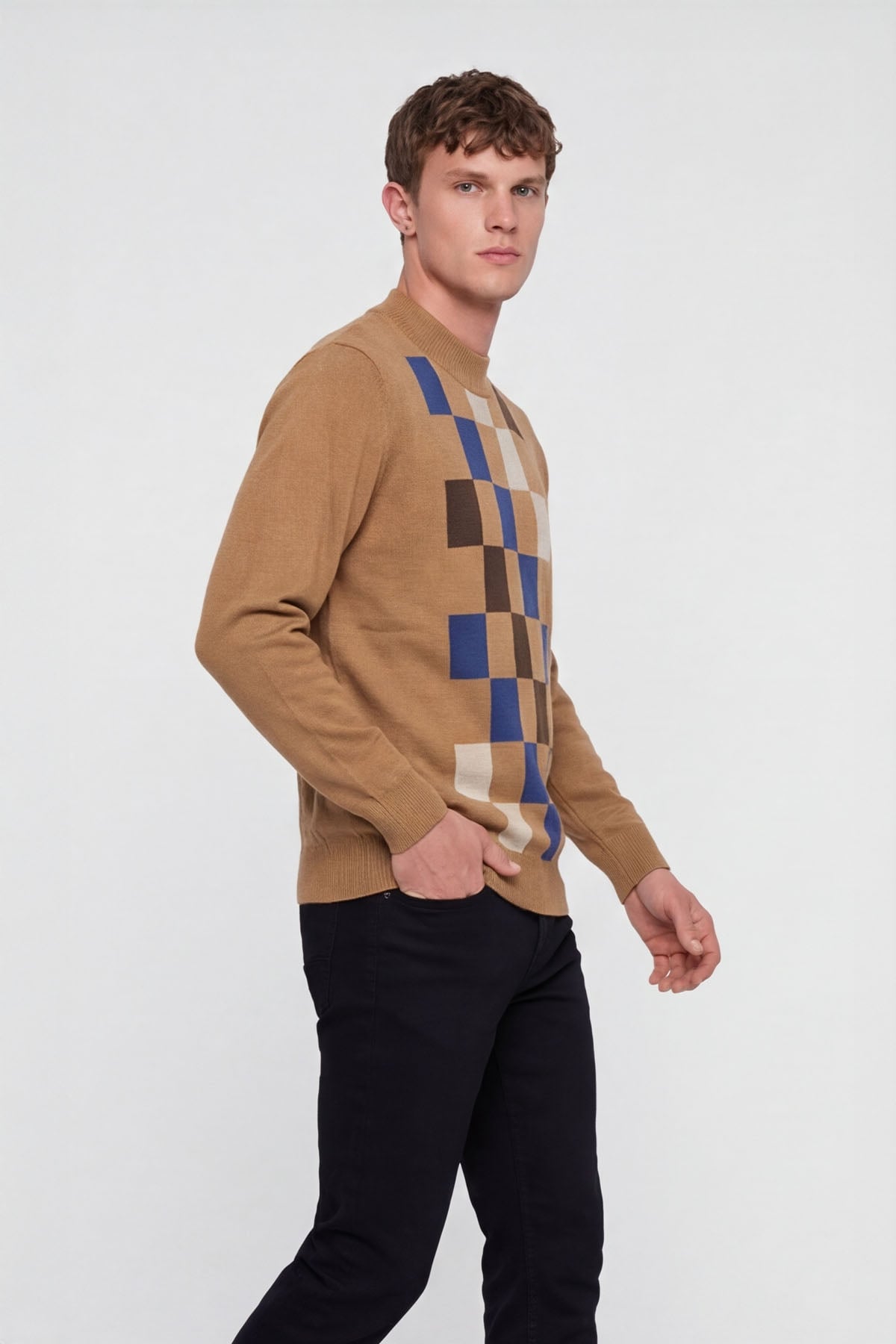 Erkek Camel Normal Kesim Regular Fit Yünlü Dokuma Desenli Triko Kazak