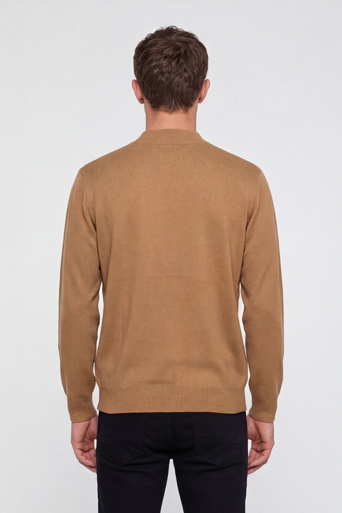 Erkek Camel Normal Kesim Regular Fit Yünlü Dokuma Desenli Triko Kazak