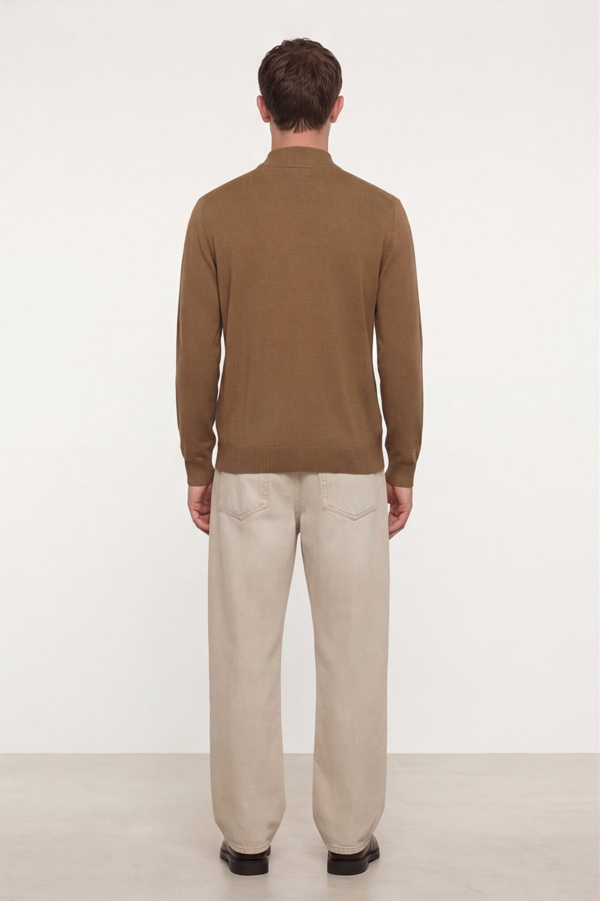 Erkek Camel Dar Kesim Slim Fit Yünlü Yarım Balıkçı Yaka Triko Kazak