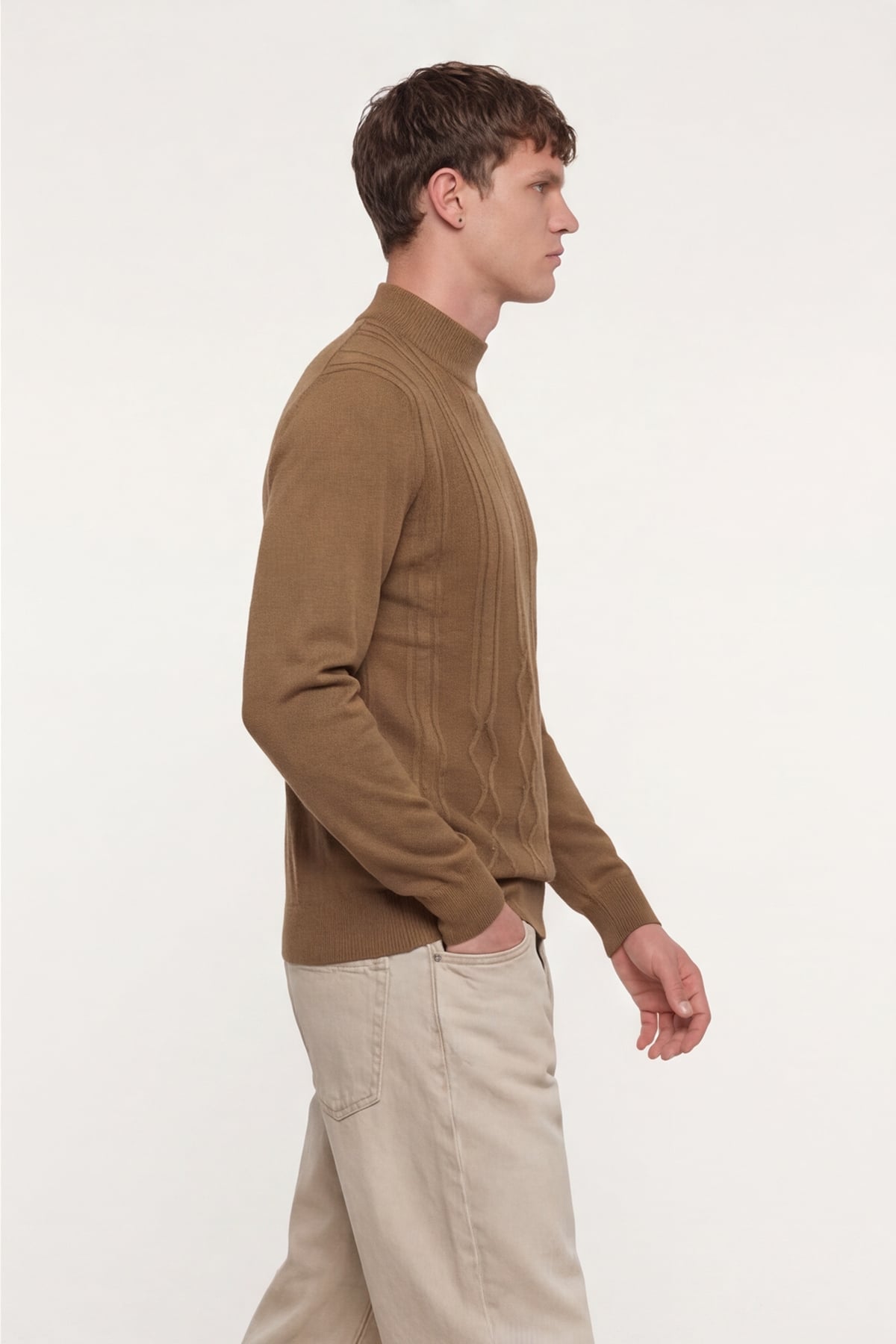 Erkek Camel Dar Kesim Slim Fit Yünlü Yarım Balıkçı Yaka Triko Kazak
