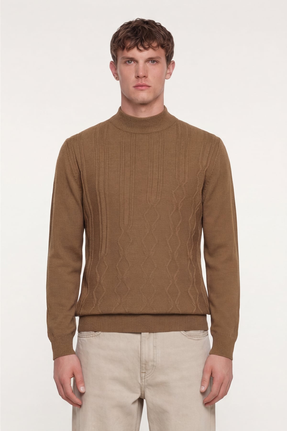 Erkek Camel Dar Kesim Slim Fit Yünlü Yarım Balıkçı Yaka Triko Kazak