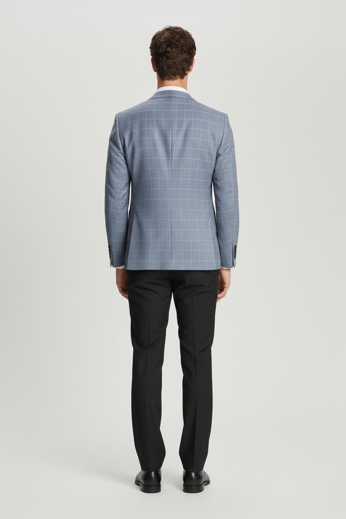 Erkek Mavi Dar Kesim Slim Fit Pamuklu Ekose Çift Yırtmaçlı Torba Cep Mono Yaka 6 Drop Ceket