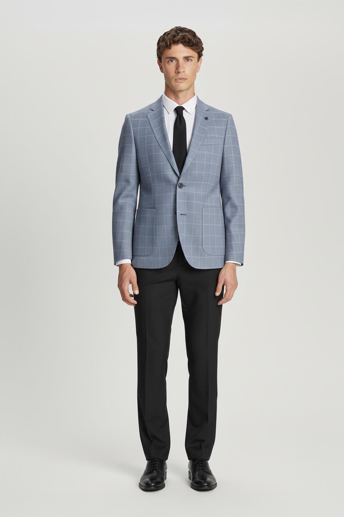 Erkek Mavi Dar Kesim Slim Fit Pamuklu Ekose Çift Yırtmaçlı Torba Cep Mono Yaka 6 Drop Ceket